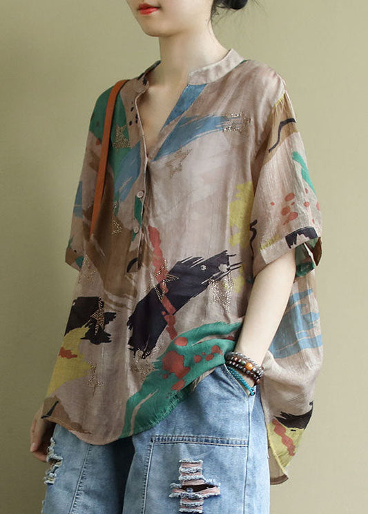 Bohemian V-Ausschnitt Print Button Shirt Tops Halbarm