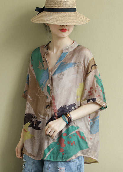 Bohemian V-Ausschnitt Print Button Shirt Tops Halbarm