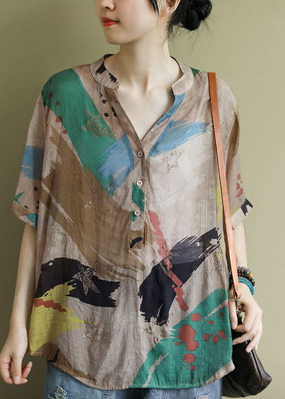 Bohemian V-Ausschnitt Print Button Shirt Tops Halbarm