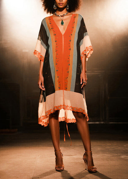 Bohemian V Neck Print Cotton Beach Dress Half Sleeve