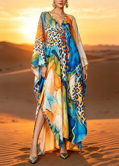 Bohemian V Neck Print Cotton Vacation Maxi Dresses Batwing Sleeve