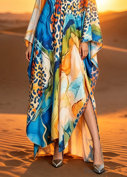 Bohemian V Neck Print Cotton Vacation Maxi Dresses Batwing Sleeve