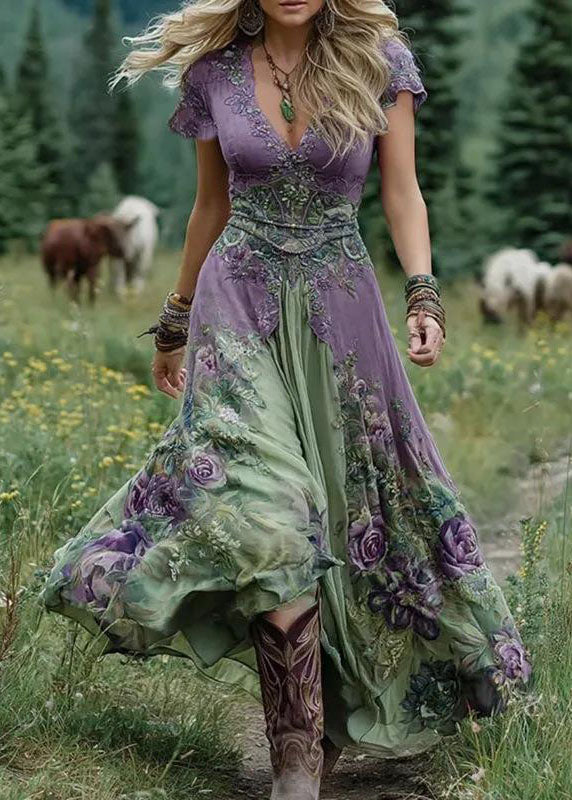 Bohemian V Neck Print Exra Large Hem Maxi Dress Short Sleeve