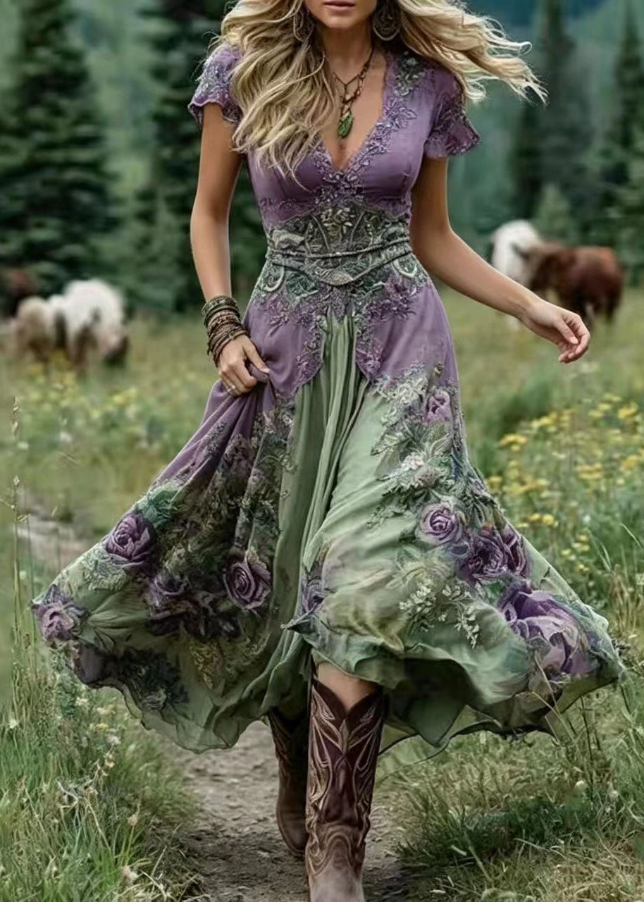 Bohemian V Neck Print Exra Large Hem Maxi Dress Short Sleeve