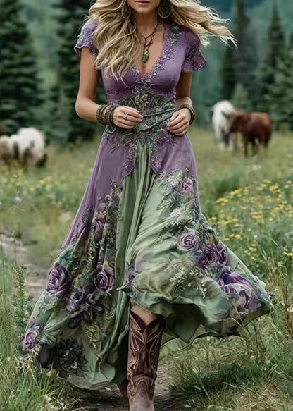 Bohemian V Neck Print Exra Large Hem Maxi Dress Short Sleeve