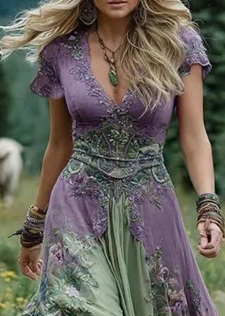 Bohemian V Neck Print Exra Large Hem Maxi Dress Short Sleeve