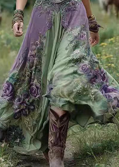 Bohemian V Neck Print Exra Large Hem Maxi Dress Short Sleeve