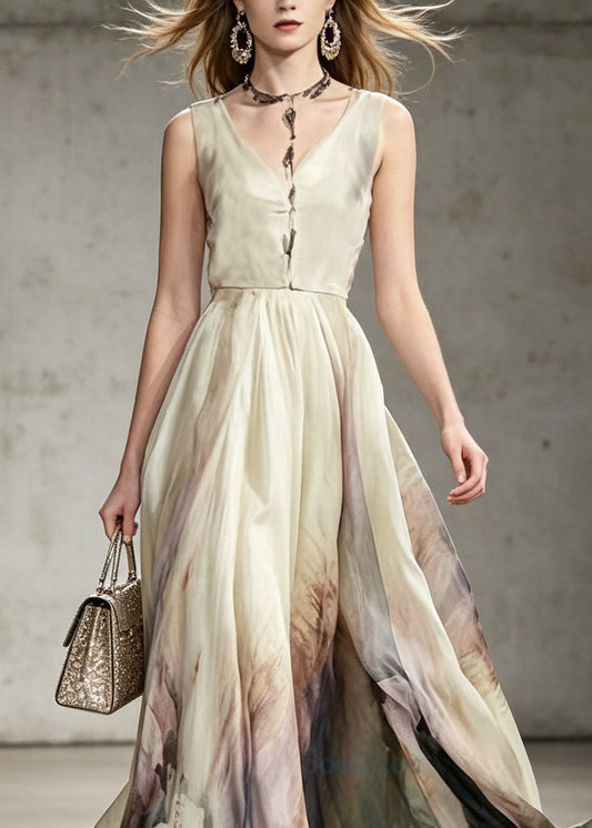 Bohemian V Neck Tie Dye Chiffon Maxi Dresses Sleeveless