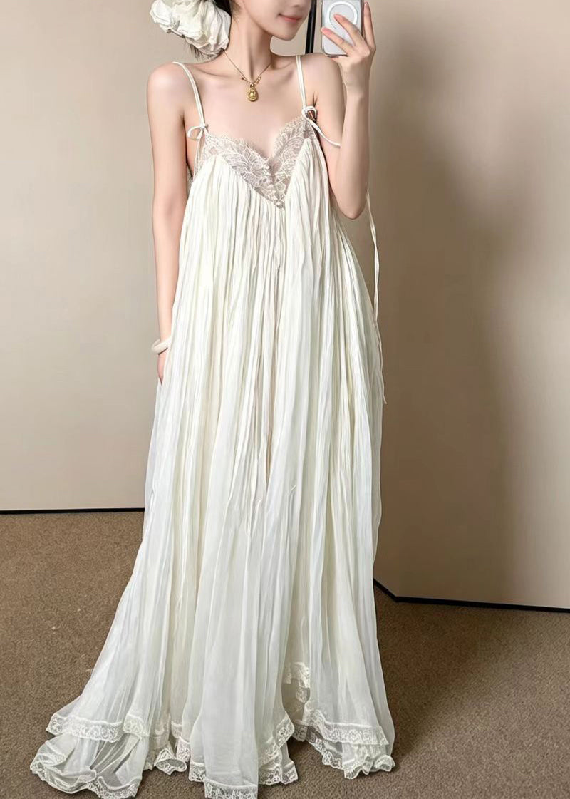 Bohemian V Neck Wrinkled Patchwork Lace Spaghetti Strap Dress