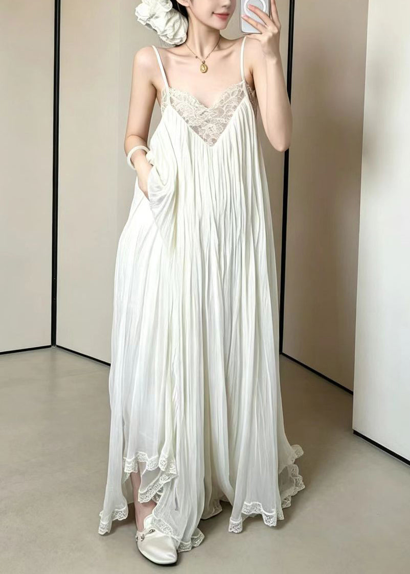 Bohemian V Neck Wrinkled Patchwork Lace Spaghetti Strap Dress