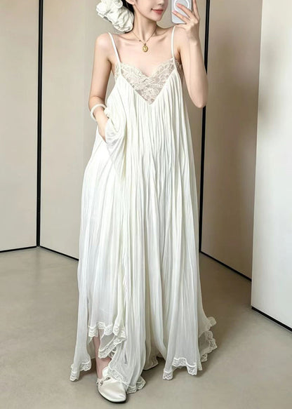 Bohemian V Neck Wrinkled Patchwork Lace Spaghetti Strap Dress