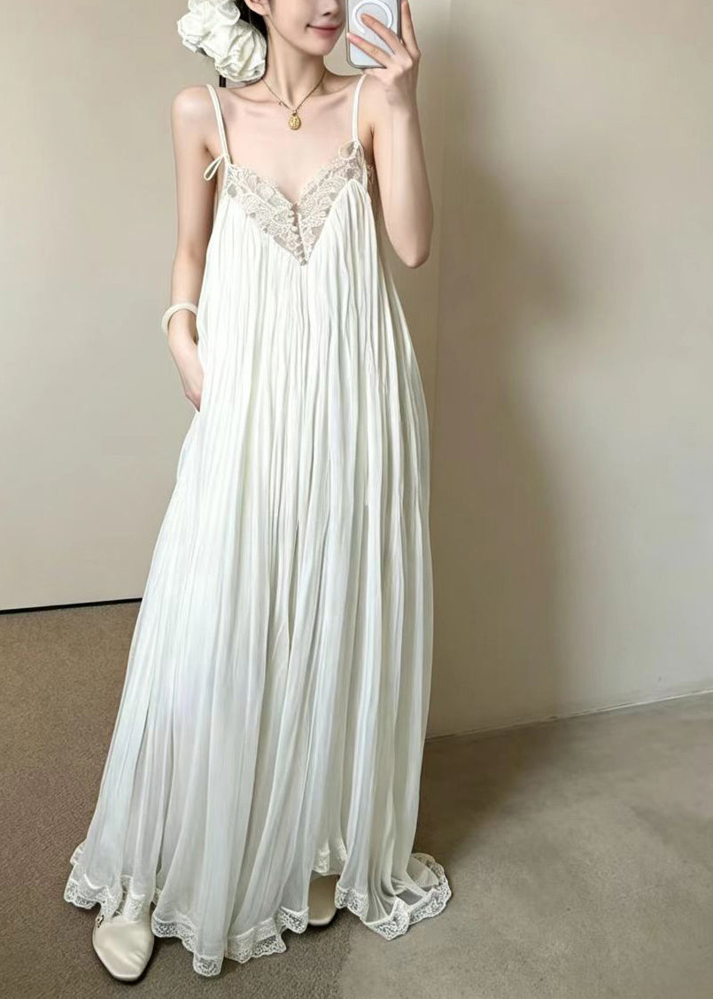 Bohemian V Neck Wrinkled Patchwork Lace Spaghetti Strap Dress