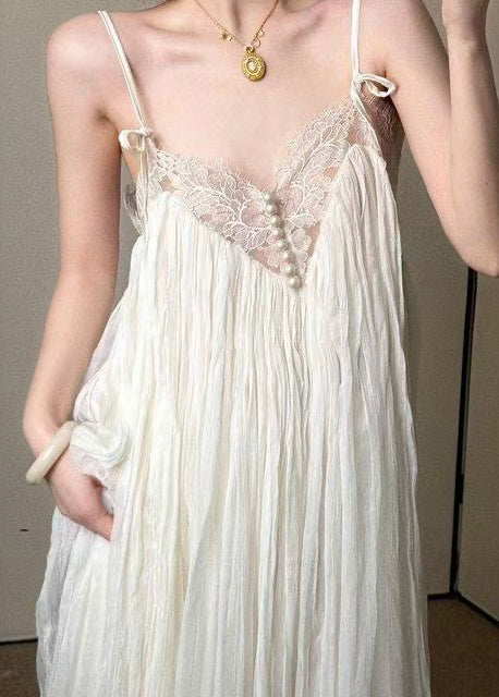Bohemian V Neck Wrinkled Patchwork Lace Spaghetti Strap Dress