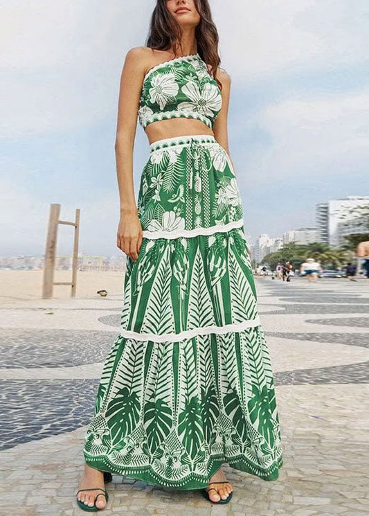Bohemian Vacation Style One Shoulder Short Top And High Waisted Skirt Set