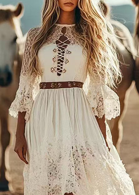 Bohemian White Asymmetrical Design Patchwork Lace Vacation Dresses Summer