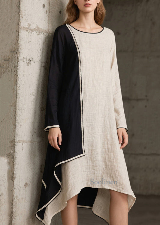 Weißes, asymmetrisches Maxikleid aus Baumwolle im Boho-Stil mit Patchwork-Muster für den Frühling