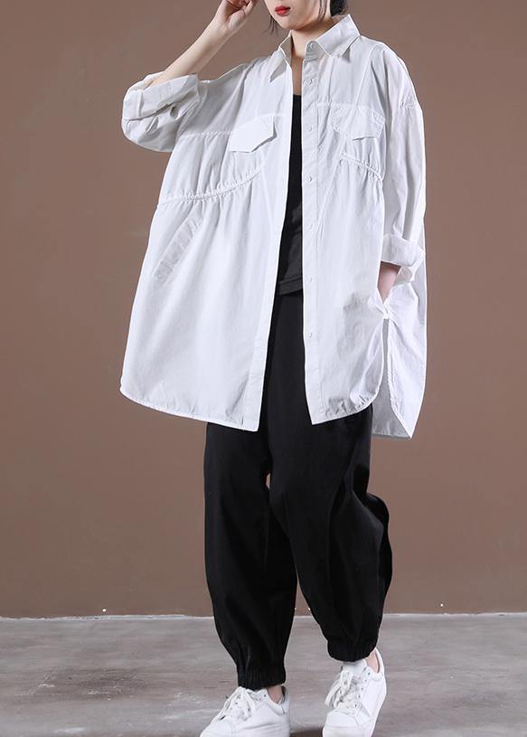 Bohemian White Asymmetrical Print Shirt Long Sleeve - SooLinen