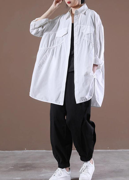 Bohemian White Asymmetrical Print Shirt Long Sleeve - SooLinen