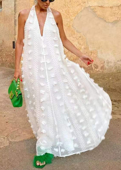 Bohemian White Backless Ribbon Floral Maxi Dress Sleeveless