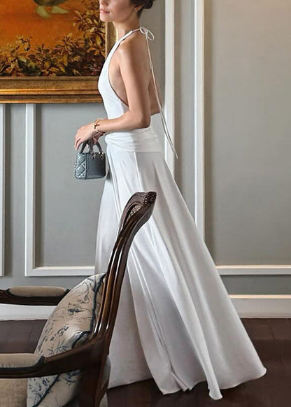 Bohemian White Backless Wrinkled Lace Up Cotton Long Dress Sleeveless