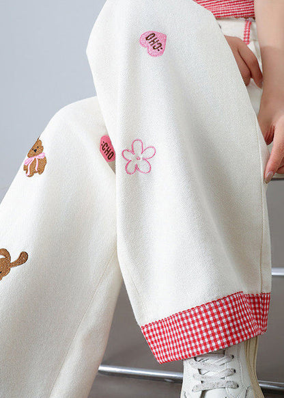 Bohemian White Bear Embroidered Denim Straight Pants Summer