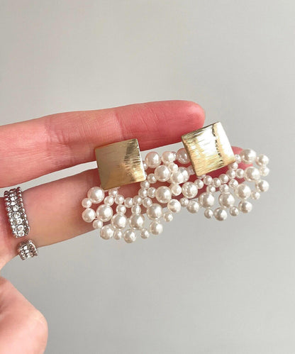Bohemian White Copper Overgild Weave Pearl Drop Earrings