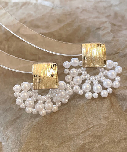 Bohemian White Copper Overgild Weave Pearl Drop Earrings