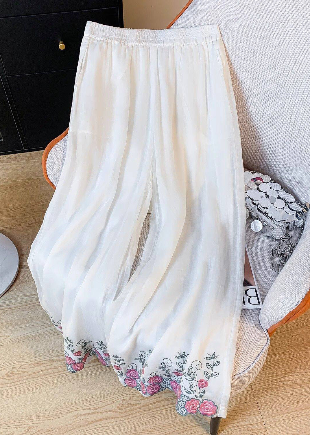 Bohemian White Embroidered Elastic Waist Silk Pants Summer