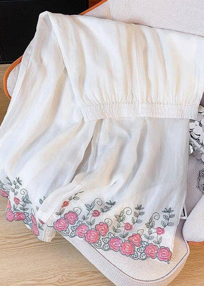 Bohemian White Embroidered Elastic Waist Silk Pants Summer