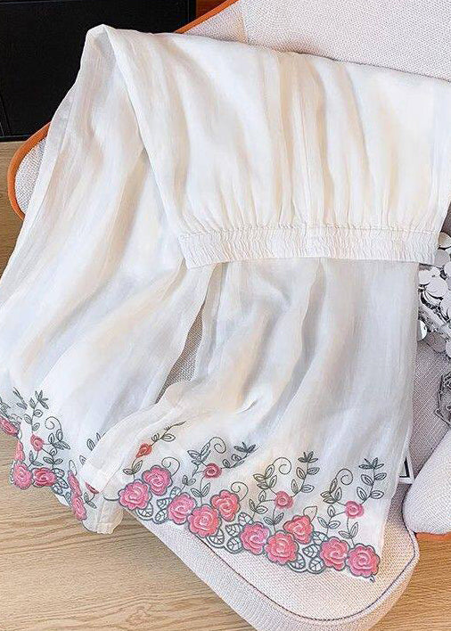 Bohemian White Embroidered Elastic Waist Silk Pants Summer