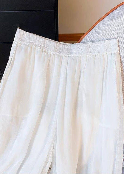 Bohemian White Embroidered Elastic Waist Silk Pants Summer