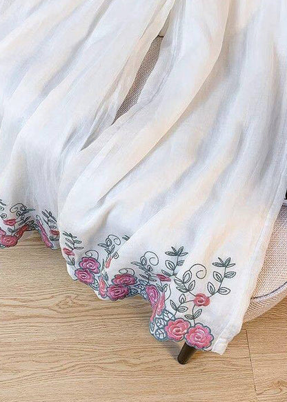 Bohemian White Embroidered Elastic Waist Silk Pants Summer