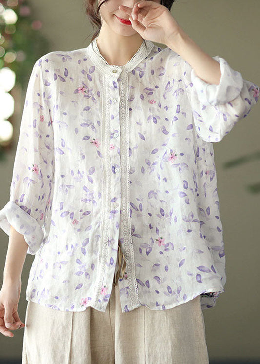 Bohemian Weiß Spitze Patchwork Print Ramie Blusen Langarm