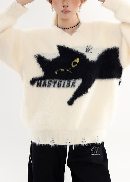 Suéter bohemio blanco de gran tamaño con diseño de gato acogedor y agujero para el invierno