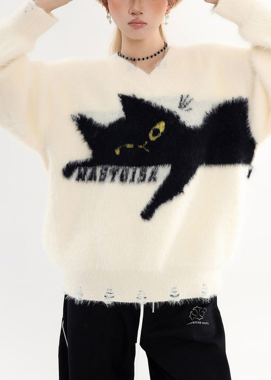 Suéter bohemio blanco de gran tamaño con diseño de gato acogedor y agujero para el invierno