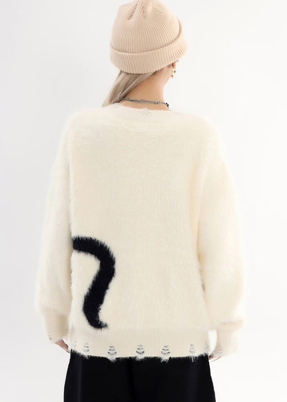 Suéter bohemio blanco de gran tamaño con diseño de gato acogedor y agujero para el invierno