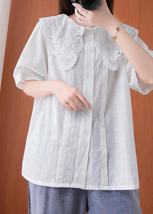Bohemian White Peter Pan Collar Button Cotton Linen Tops Summer - SooLinen