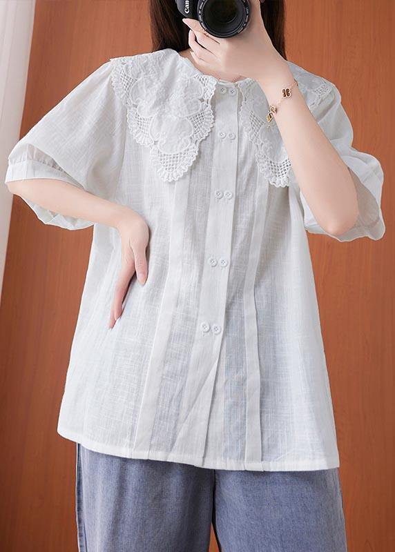 Bohemian White Peter Pan Collar Button Cotton Linen Tops Summer - SooLinen