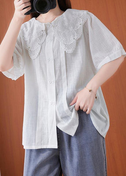 Bohemian White Peter Pan Collar Button Cotton Linen Tops Summer - SooLinen