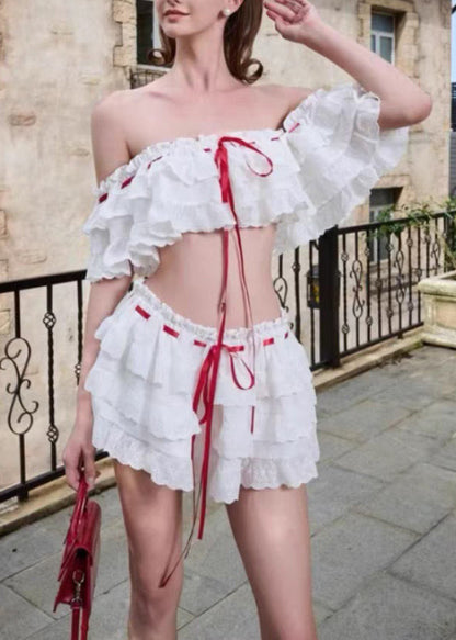 Bohemian White Ruffled Lace Up Cotton Two Piece Set Summer