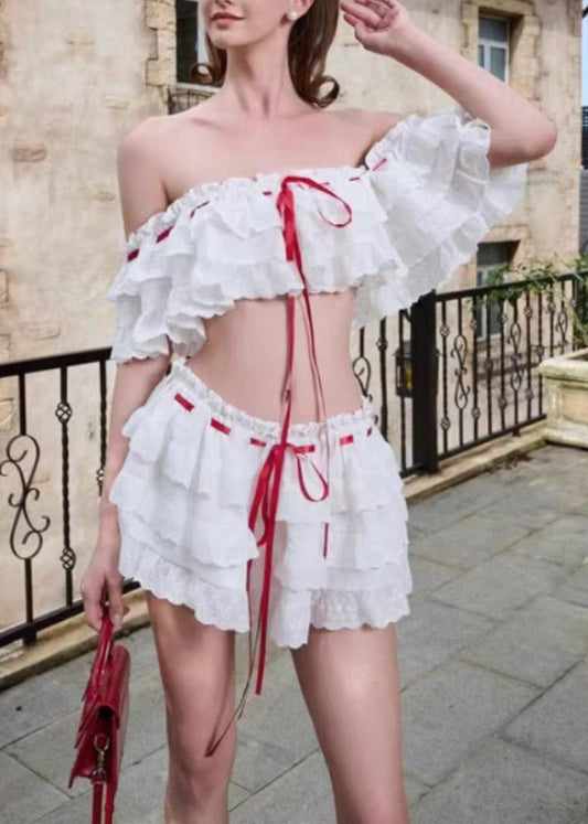 Bohemian White Ruffled Lace Up Cotton Two Piece Set Summer