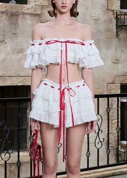 Bohemian White Ruffled Lace Up Cotton Two Piece Set Summer