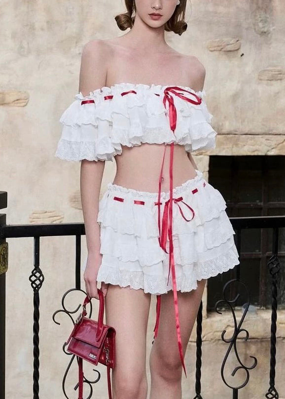 Bohemian White Ruffled Lace Up Cotton Two Piece Set Summer