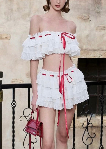 Bohemian White Ruffled Lace Up Cotton Two Piece Set Summer