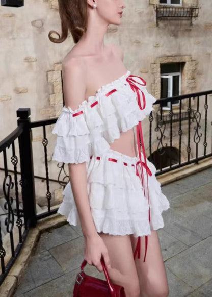 Bohemian White Ruffled Lace Up Cotton Two Piece Set Summer