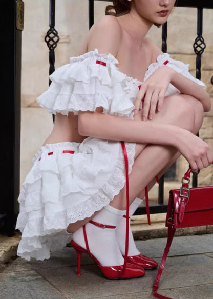 Bohemian White Ruffled Lace Up Cotton Two Piece Set Summer