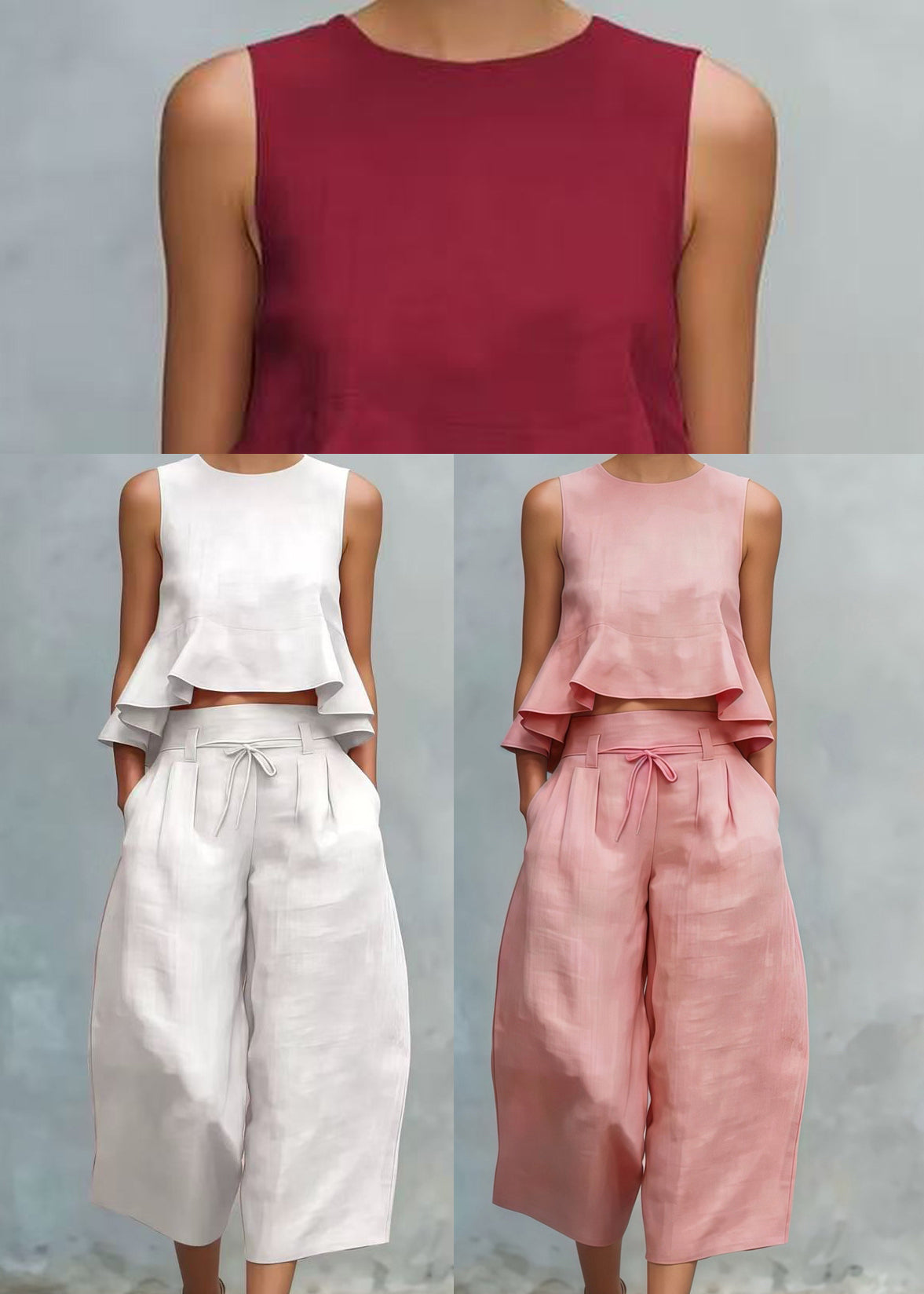 Bohemian White Ruffled Linen Two Pieces Set Sleeveless