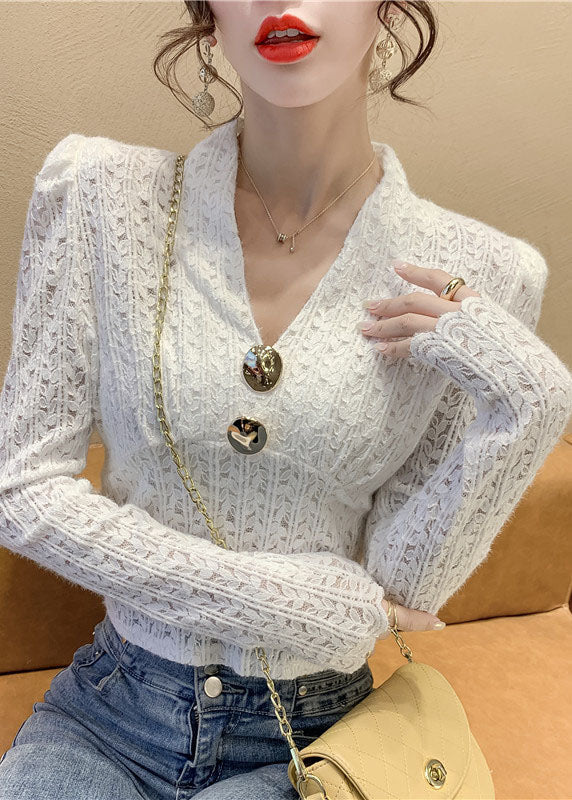 Bohemian Weiß Pailletten V-Ausschnitt Spitze Tops Frühling