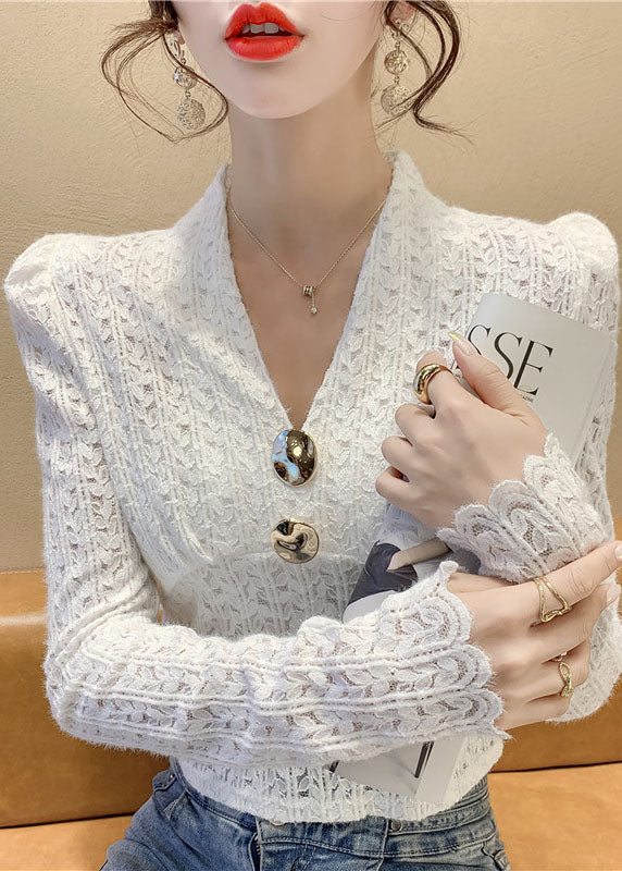 Bohemian Weiß Pailletten V-Ausschnitt Spitze Tops Frühling