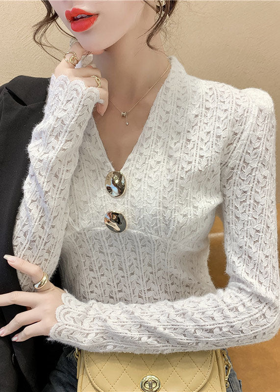 Bohemian Weiß Pailletten V-Ausschnitt Spitze Tops Frühling